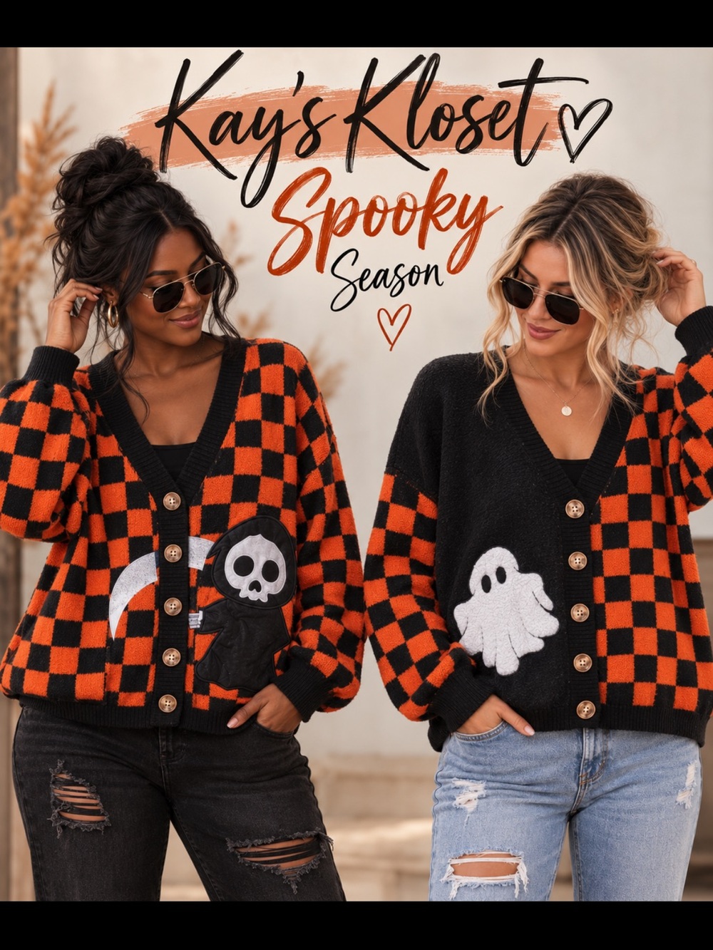 HF13–🧡🖤 (SHIPPED) Spooky Checkered Cardigan Sweater - Black & Orange